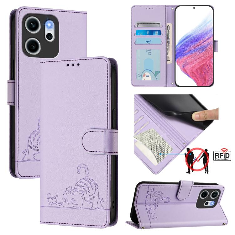 

For OPPO Reno14 F 5G Cat Rat Embossed Pattern RFID Leather Phone Case with Lanyard(Purple)