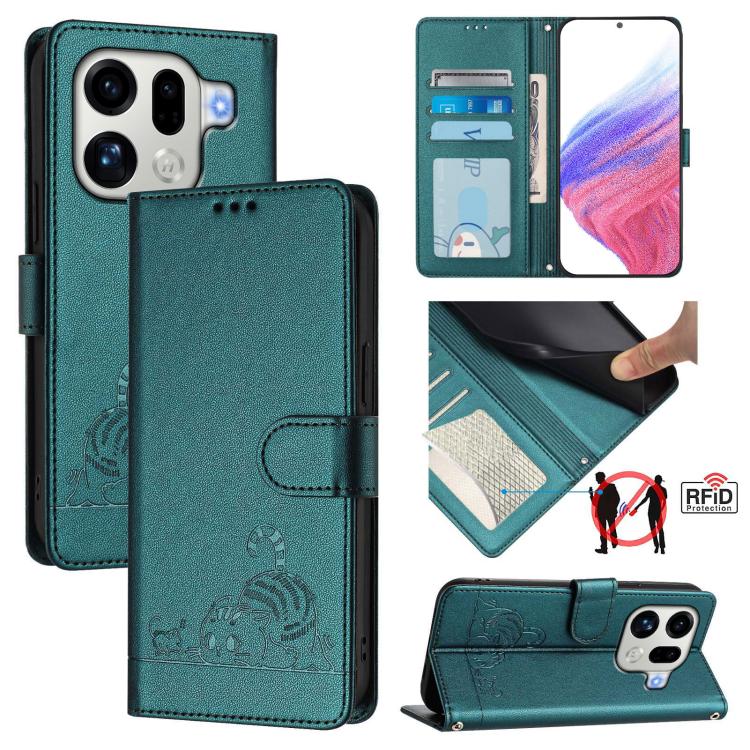 

For OPPO Find X9 Pro Cat Rat Embossed Pattern RFID Leather Phone Case with Lanyard(Peacock Green)