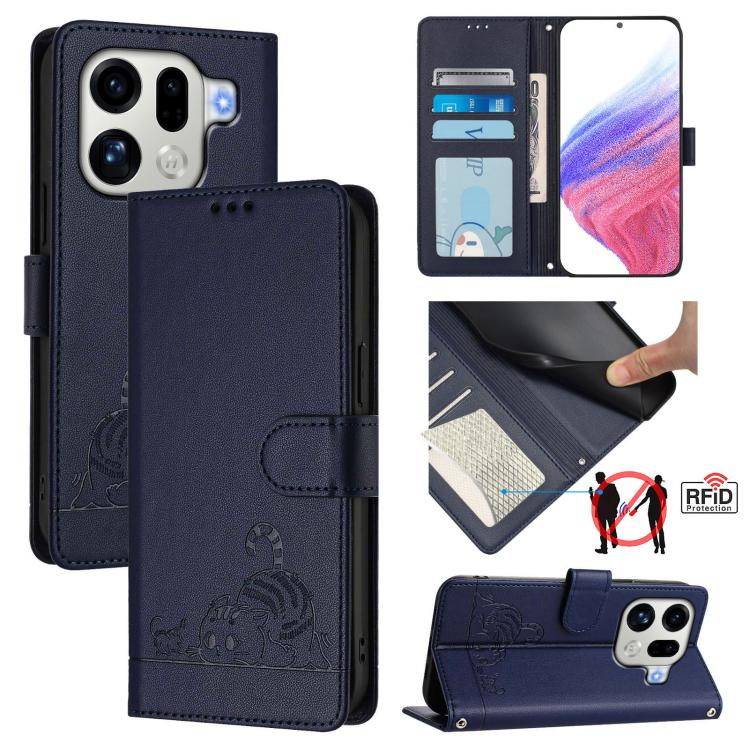 

For OPPO Find X9 Pro Cat Rat Embossed Pattern RFID Leather Phone Case with Lanyard(Blue)