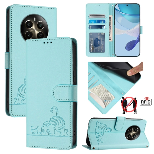 

For Realme 12+ 5G Global Cat Rat Embossed Pattern RFID Leather Phone Case with Lanyard(Mint Green)