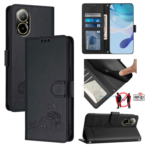 

For Realme C67 4G Global Cat Rat Embossed Pattern RFID Leather Phone Case with Lanyard(Black)