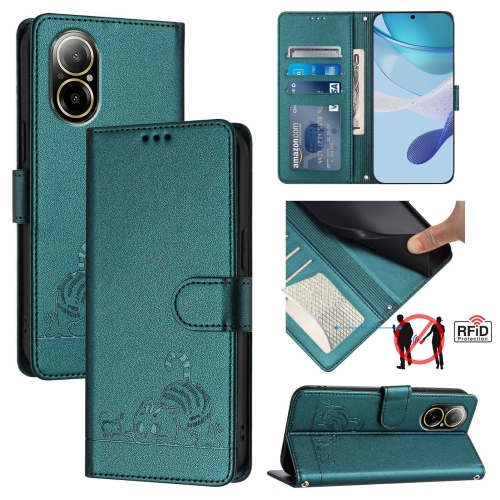 

For Realme C67 4G Global Cat Rat Embossed Pattern RFID Leather Phone Case with Lanyard(Peacock Green)