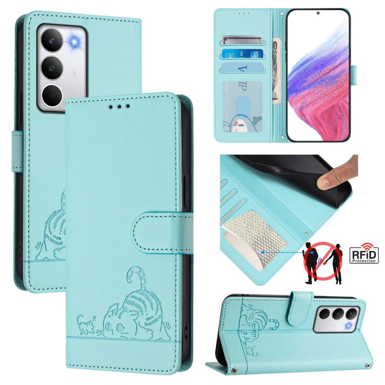 

For Realme C71 4G Global Cat Rat Embossed Pattern RFID Leather Phone Case with Lanyard(Mint Green)