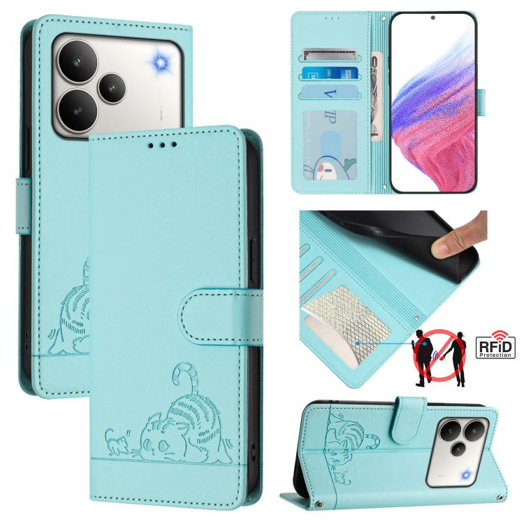 

For Realme P4 Pro 5G Cat Rat Embossed Pattern RFID Leather Phone Case with Lanyard(Mint Green)