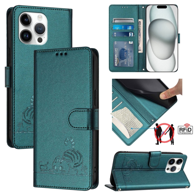

For iPhone 15 Pro Max Cat Rat Embossed Pattern RFID Leather Phone Case with Lanyard(Peacock Green)