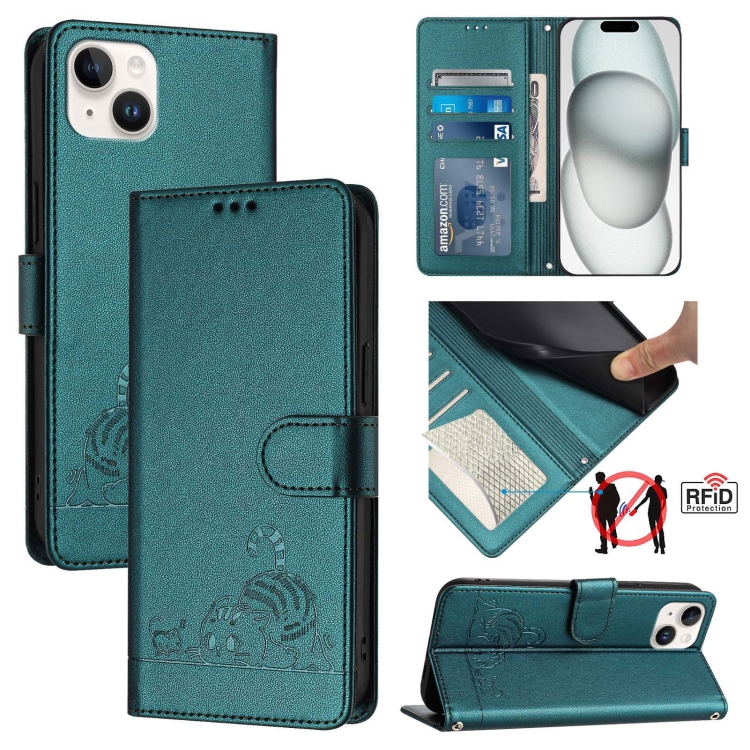 

For iPhone 15 Plus Cat Rat Embossed Pattern RFID Leather Phone Case with Lanyard(Peacock Green)