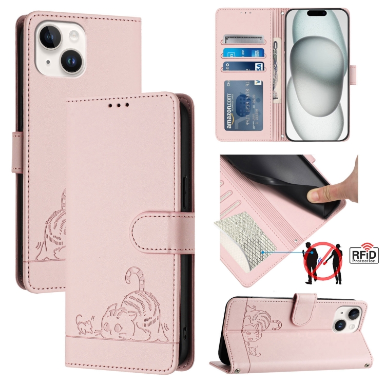 

For iPhone 15 Cat Rat Embossed Pattern RFID Leather Phone Case with Lanyard(Pink)