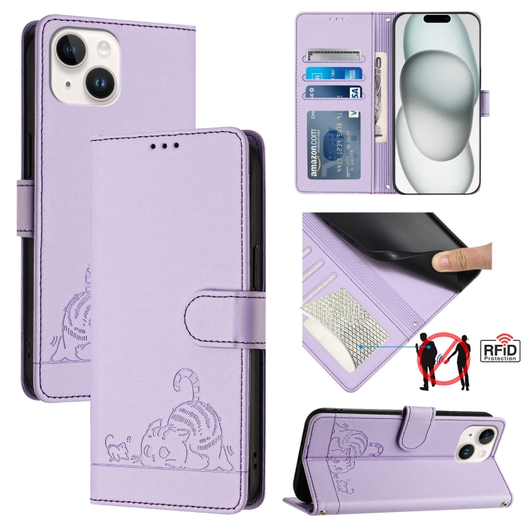 

For iPhone 15 Cat Rat Embossed Pattern RFID Leather Phone Case with Lanyard(Purple)
