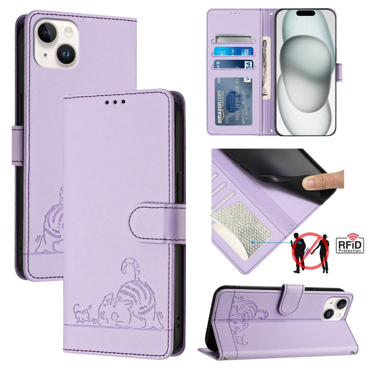 

For iPhone 14 Plus Cat Rat Embossed Pattern RFID Leather Phone Case with Lanyard(Purple)