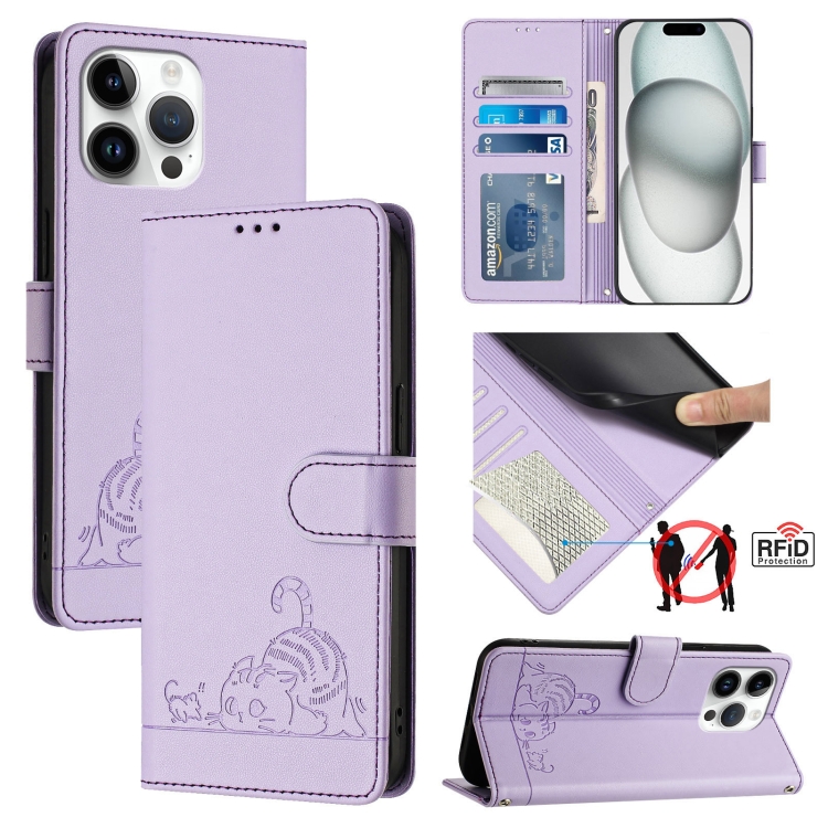 

For iPhone 14 Pro Max Cat Rat Embossed Pattern RFID Leather Phone Case with Lanyard(Purple)