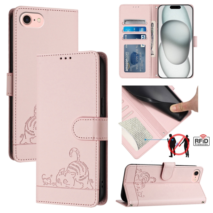 

For iPhone SE 2022/SE 2020/6/7/8 Cat Rat Embossed Pattern RFID Leather Phone Case with Lanyard(Pink)