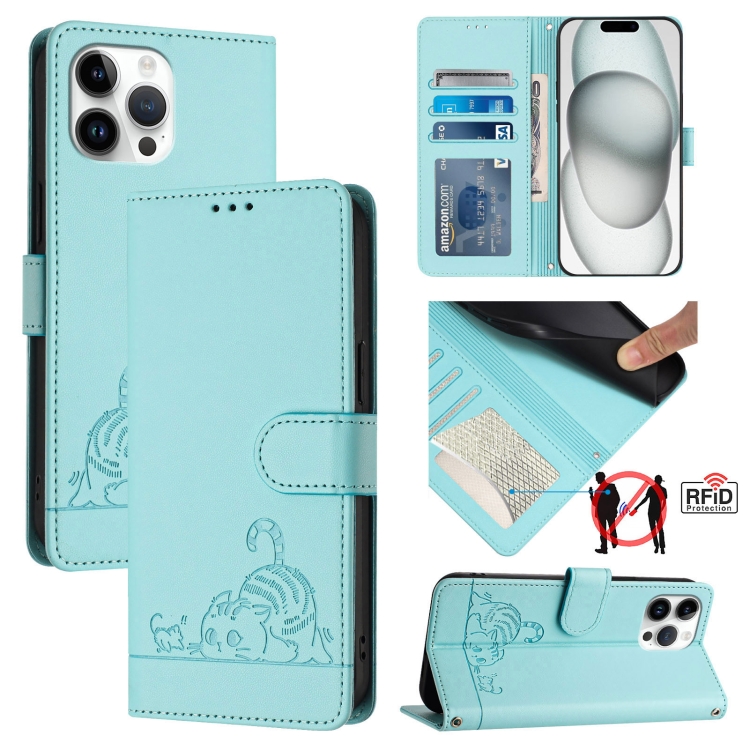 

For iPhone 13 Pro Max Cat Rat Embossed Pattern RFID Leather Phone Case with Lanyard(Mint Green)