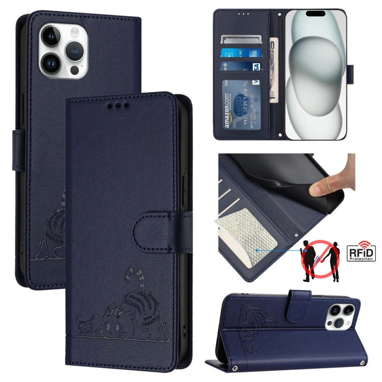 

For iPhone 12 Pro Max Cat Rat Embossed Pattern RFID Leather Phone Case with Lanyard(Blue)
