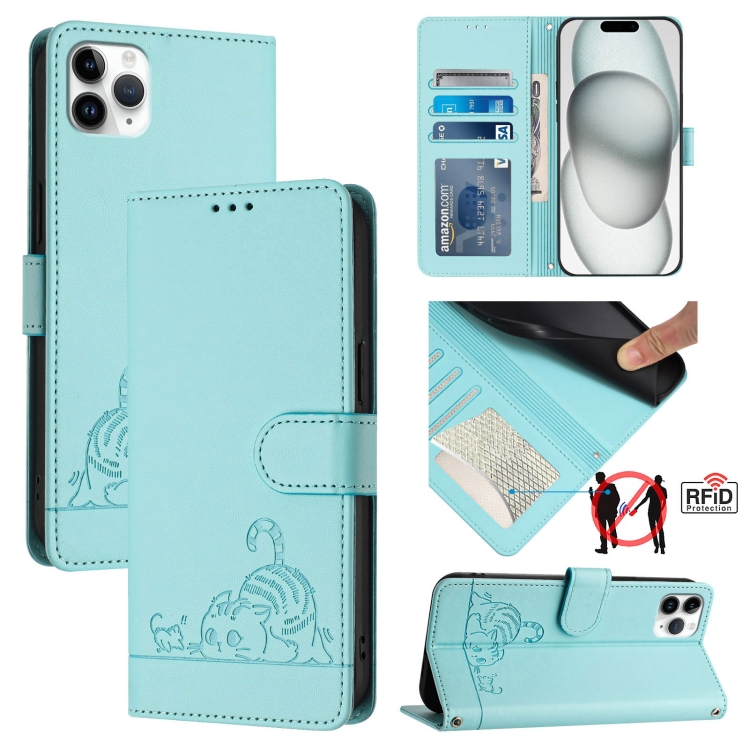 

For iPhone 11 Pro Max Cat Rat Embossed Pattern RFID Leather Phone Case with Lanyard(Mint Green)