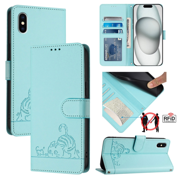 For iPhone XS X Cat Rat Embossed Pattern RFID Leather Phone