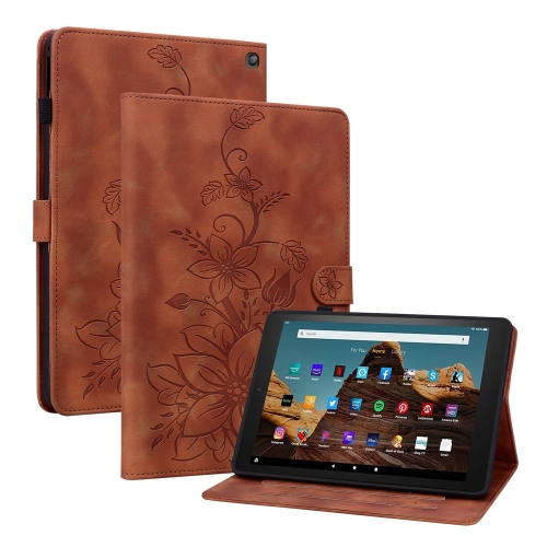 

For Amazon Fire HD10 2023 Lily Embossed Leather Tablet Case(Brown)