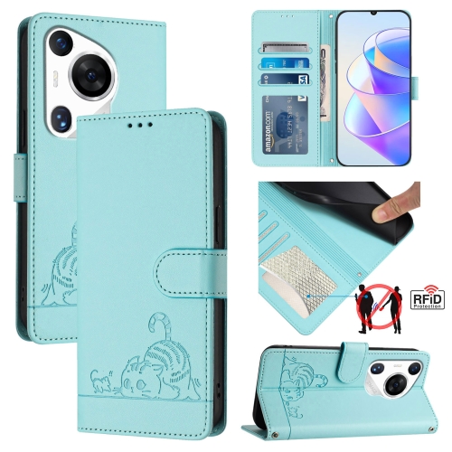 

For Huawei Pura 70 Pro Cat Rat Embossed Pattern RFID Leather Phone Case with Lanyard(Mint Green)