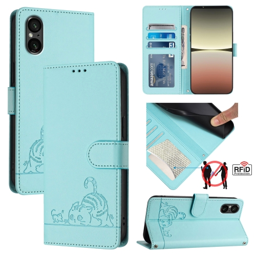 

For Sony 5 V 2023 Cat Rat Embossed Pattern RFID Leather Phone Case with Lanyard(Mint Green)