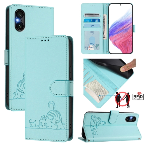 

For Sony Xperia 5 VI Cat Rat Embossed Pattern RFID Leather Phone Case with Lanyard(Mint Green)