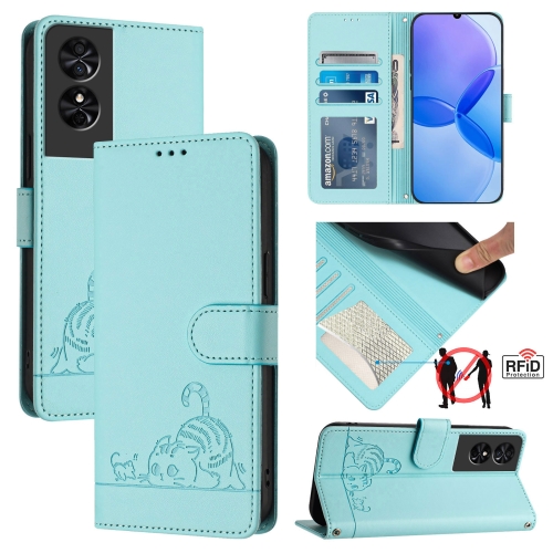 

For TCL 50 SE Cat Rat Embossed Pattern RFID Leather Phone Case with Lanyard(Mint Green)
