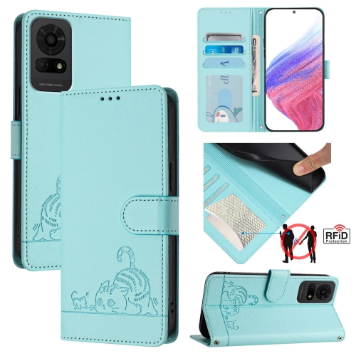 

For TCL 50 LE 5G Cat Rat Embossed Pattern RFID Leather Phone Case with Lanyard(Mint Green)