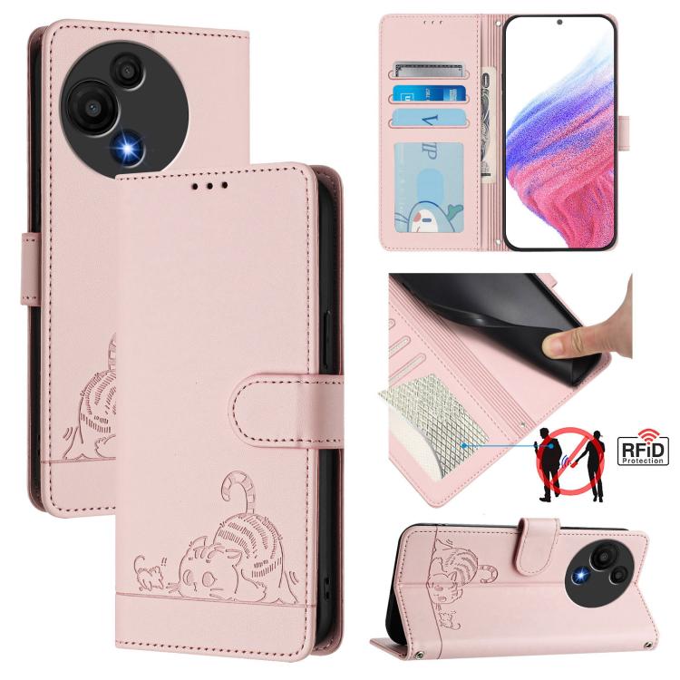 

For TCL 60 SE NxtPaper / 605 Cat Rat Embossed Pattern RFID Leather Phone Case with Lanyard(Pink)