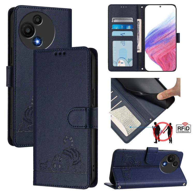 

For TCL 60 SE NxtPaper / 605 Cat Rat Embossed Pattern RFID Leather Phone Case with Lanyard(Blue)