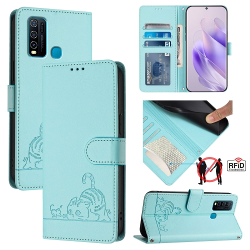 

For vivo Y30 4G Global Cat Rat Embossed Pattern RFID Leather Phone Case with Lanyard(Mint Green)