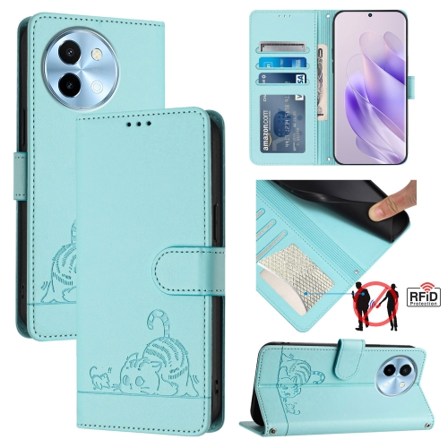 

For vivo Y38 5G Cat Rat Embossed Pattern RFID Leather Phone Case with Lanyard(Mint Green)