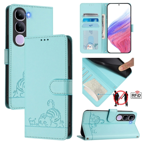 

For vivo V40 Lite 5G IDN Cat Rat Embossed Pattern RFID Leather Phone Case with Lanyard(Mint Green)