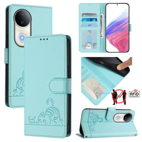 

For vivo S20 5G Cat Rat Embossed Pattern RFID Leather Phone Case with Lanyard(Mint Green)