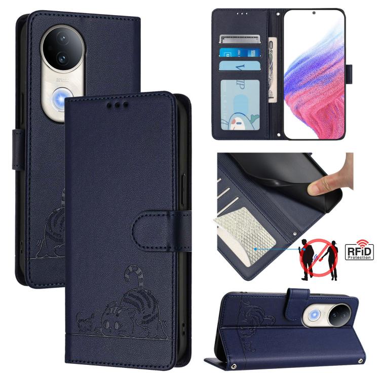 

For vivo S20 5G Cat Rat Embossed Pattern RFID Leather Phone Case with Lanyard(Blue)
