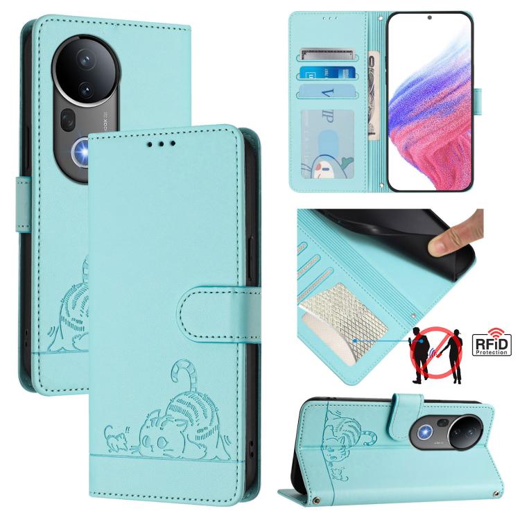 

For vivo S20 Pro 5G Cat Rat Embossed Pattern RFID Leather Phone Case with Lanyard(Mint Green)