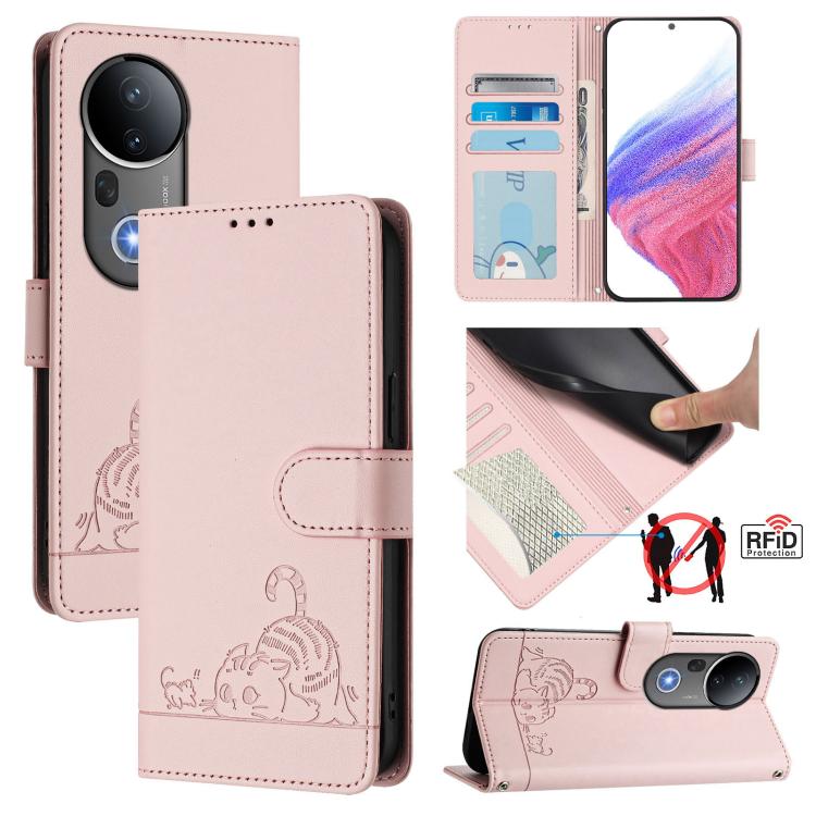 

For vivo S20 Pro 5G Cat Rat Embossed Pattern RFID Leather Phone Case with Lanyard(Pink)