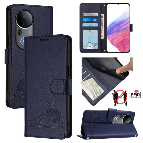 

For vivo S20 Pro 5G Cat Rat Embossed Pattern RFID Leather Phone Case with Lanyard(Blue)