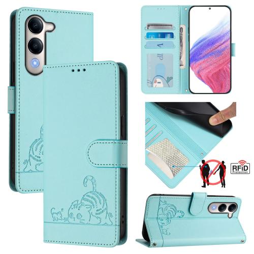 

For vivo Y29S 5G / Y04 4G Global Cat Rat Embossed Pattern RFID Leather Phone Case with Lanyard(Mint Green)