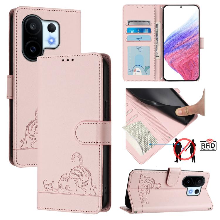 

For vivo S30 Pro mini Cat Rat Embossed Pattern RFID Leather Phone Case with Lanyard(Pink)