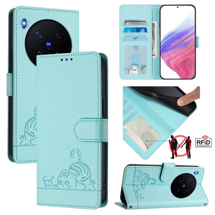 

For vivo X300 Pro Cat Rat Embossed Pattern RFID Leather Phone Case with Lanyard(Mint Green)