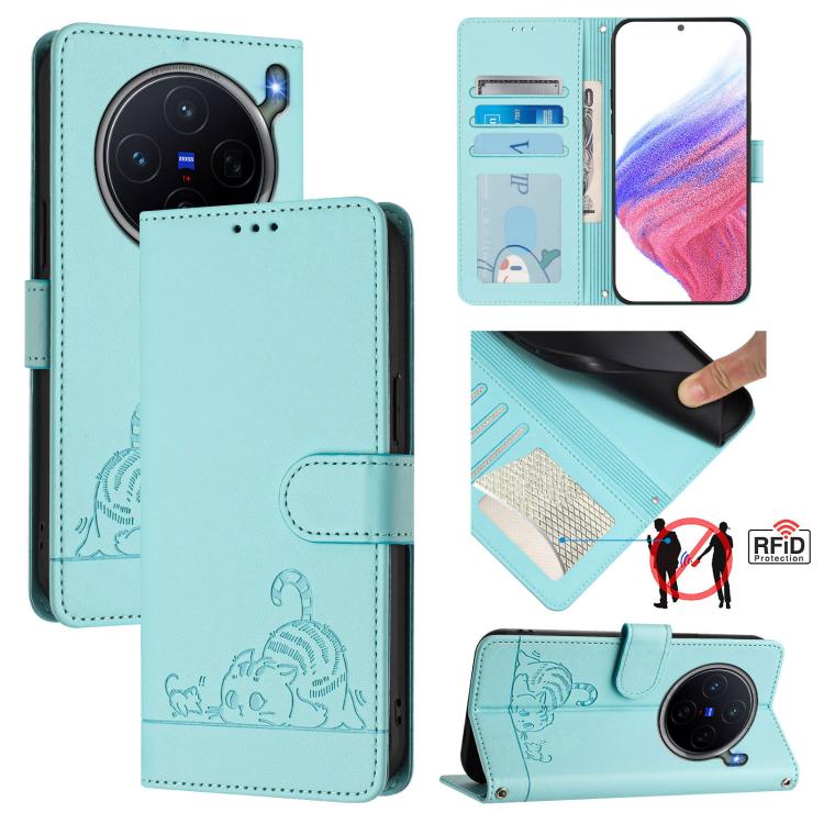 

For vivo X300s 5G Cat Rat Embossed Pattern RFID Leather Phone Case with Lanyard(Mint Green)