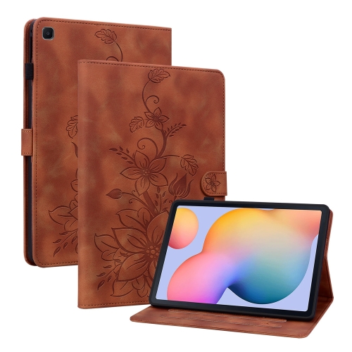 

For Samsung Galaxy Tab S6 Lite Lily Embossed Leather Smart Tablet Case(Brown)