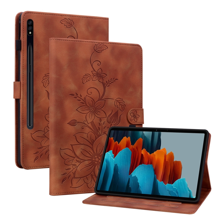 

For Samsung Galaxy Tab S7 FE/S8+/S7+ Lily Embossed Leather Tablet Case(Brown)