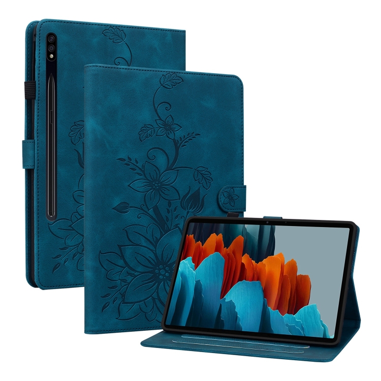 

For Samsung Galaxy Tab S7 FE/S8+/S7+ Lily Embossed Leather Tablet Case(Dark Blue)