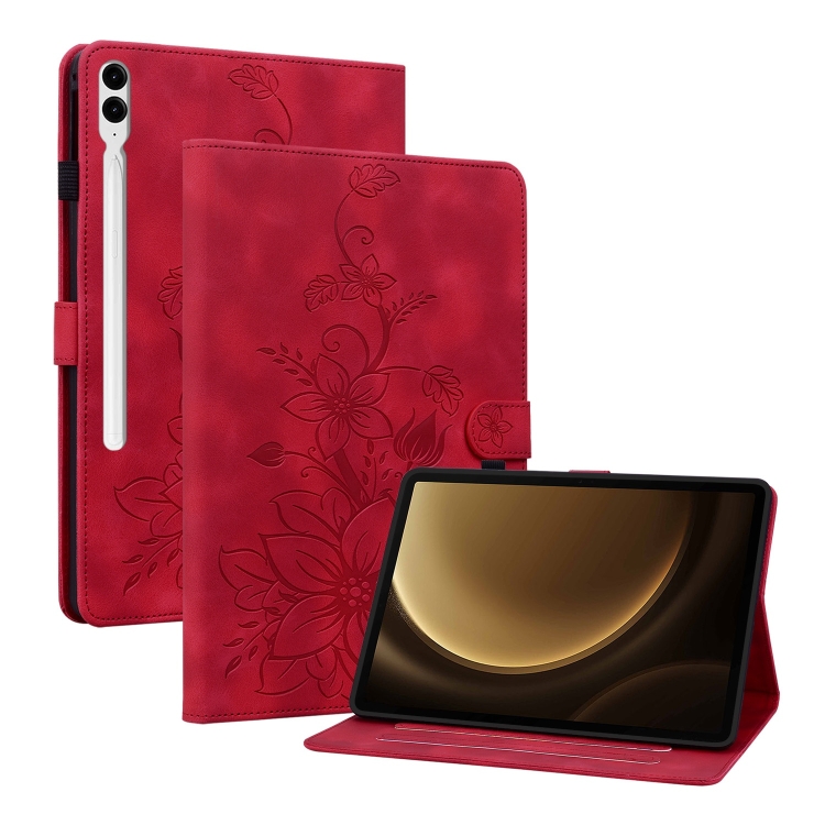 

For Samsung Galaxy Tab S9+ / S9 FE+ Lily Embossed Leather Tablet Case(Red)