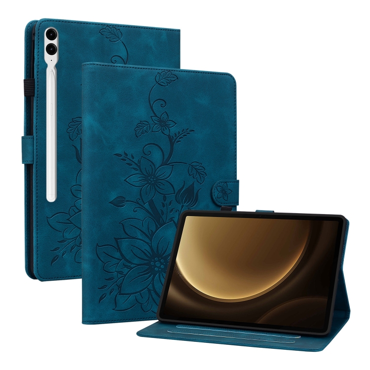 

For Samsung Galaxy Tab S9+ / S9 FE+ Lily Embossed Leather Tablet Case(Dark Blue)