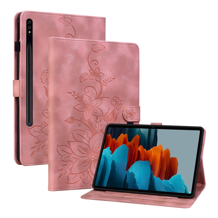 

For Samsung Galaxy Tab S7 / S8 Lily Embossed Leather Tablet Case(Pink)