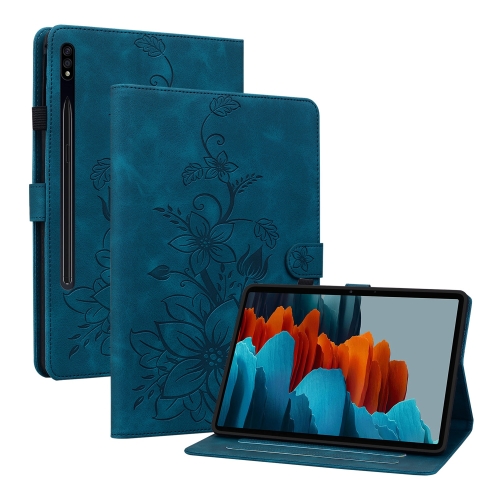 For Samsung Galaxy Tab S7 / S8 Lily Embossed Leather Tablet Case(Dark Blue)