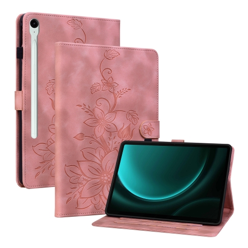 

For Samsung Galaxy Tab S9 / S9 FE Lily Embossed Leather Tablet Case(Pink)