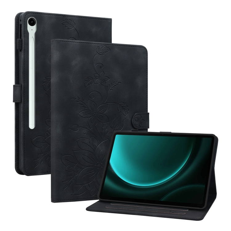 For Samsung Galaxy Tab S9 / S9 FE Lily Embossed Leather Tablet Case(Black)