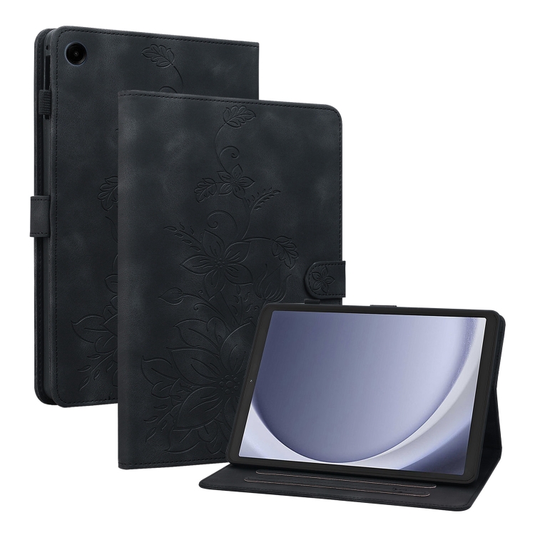 For Samsung Galaxy Tab A11 / A9 Lily Embossed Leather Tablet Case(Black)