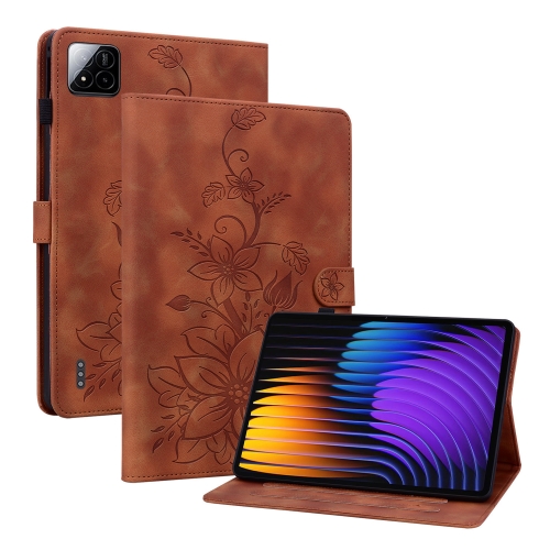 

For Xiaomi Pad 7 / Pad 7 Pro Lily Embossed Leather Tablet Case(Brown)